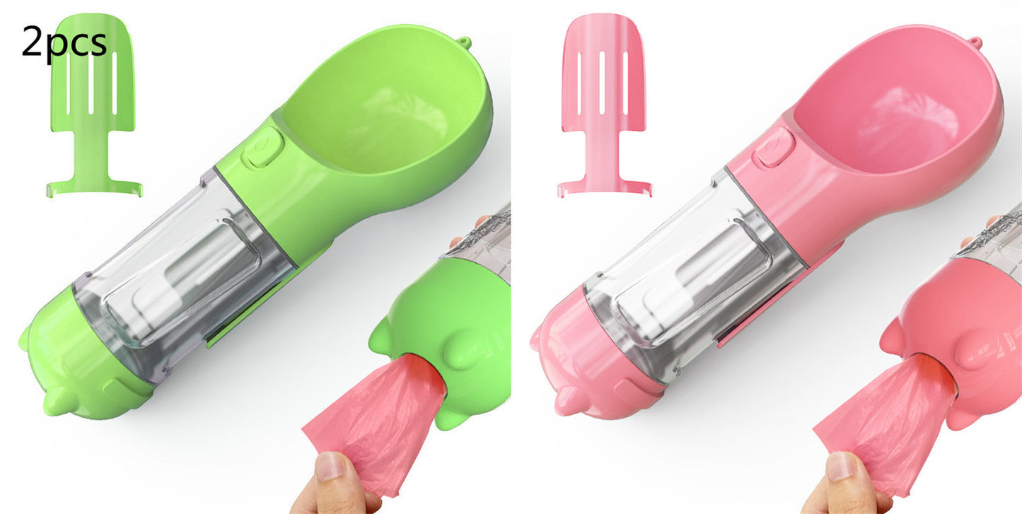 3-in-1 Portable Pet Water Bottle – Feeder Bowl & Waste Bag Storage for Outdoor Travel