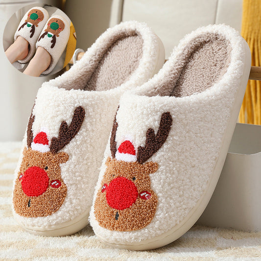 Cozy Christmas Elk Slippers - Soft Winter Home Slip-On Bedroom Shoes