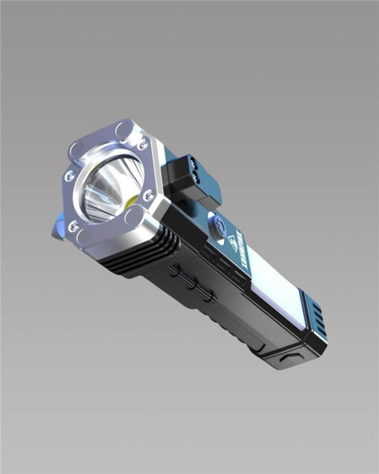 4-in-1 Emergency Rechargeable LED Torch | Long-Range Flashlight, Power Bank, Safety Hammer & Magnet Grip for Car, Travel & Home Use