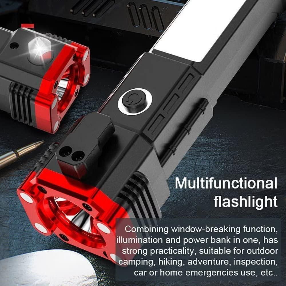 4-in-1 Emergency Rechargeable LED Torch | Long-Range Flashlight, Power Bank, Safety Hammer & Magnet Grip for Car, Travel & Home Use