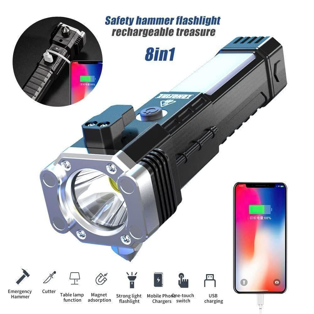 4-in-1 Emergency Rechargeable LED Torch | Long-Range Flashlight, Power Bank, Safety Hammer & Magnet Grip for Car, Travel & Home Use