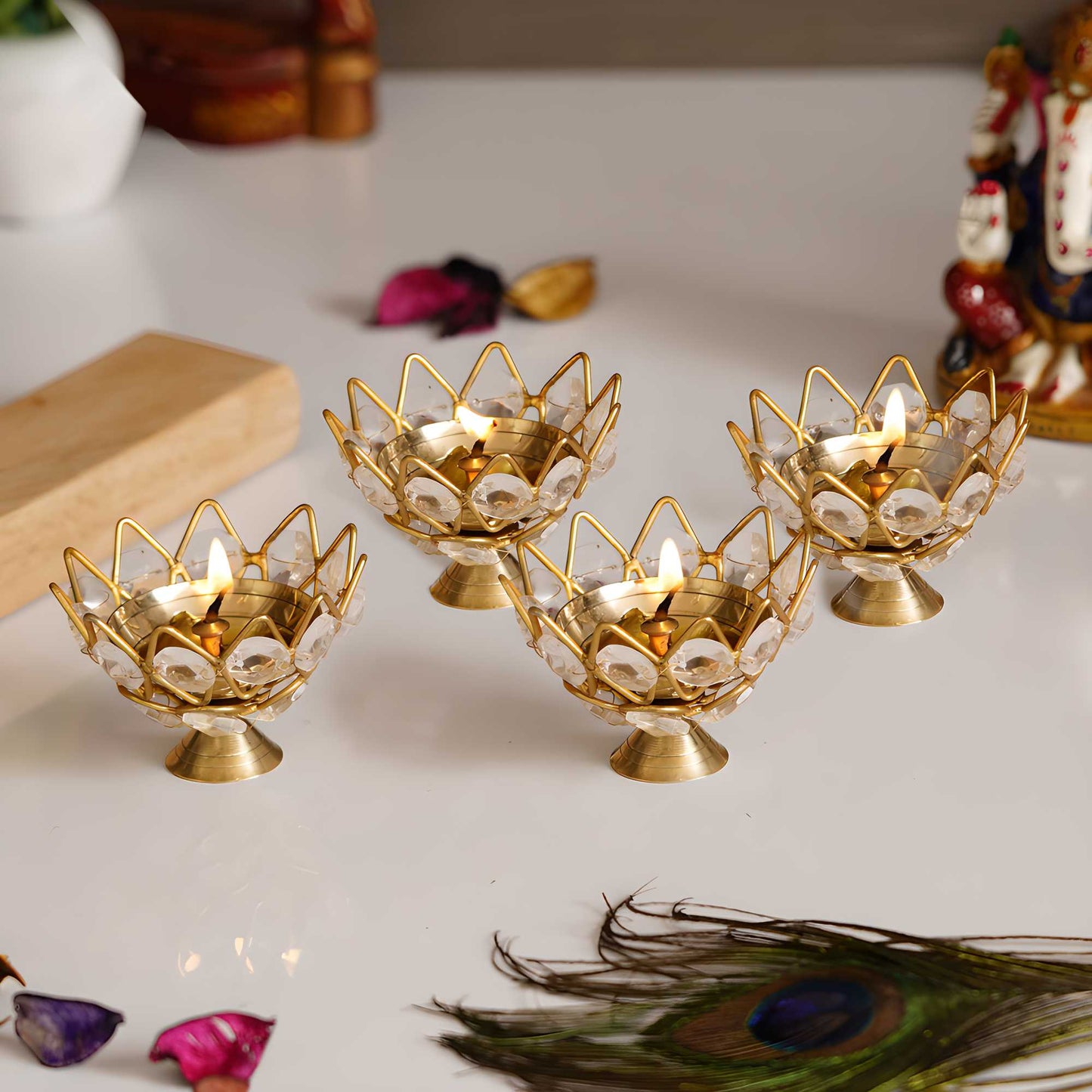 Lotus Crystal Tea Light Holders – Elegant Decorative Candle Holders for Festivals & Home Décor (Set Of 4)