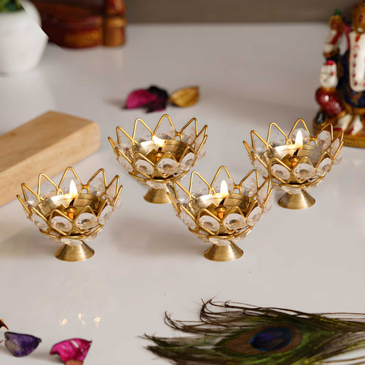 Lotus Crystal Tea Light Holders – Elegant Decorative Candle Holders for Festivals & Home Décor (Set Of 4)
