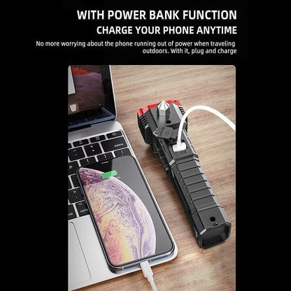 4-in-1 Emergency Rechargeable LED Torch | Long-Range Flashlight, Power Bank, Safety Hammer & Magnet Grip for Car, Travel & Home Use