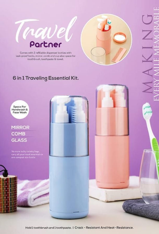 6-in-1 Portable Travel Kit – Toothbrush, Dispenser, Comb, Mirror & Organizer for Smart Travel