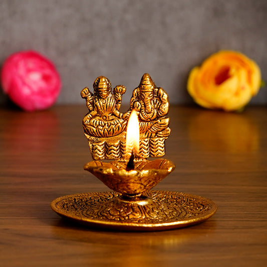 Goddess Laxmi & Lord Ganesha Golden Metal Diya – Auspicious Pooja & Festive Décor