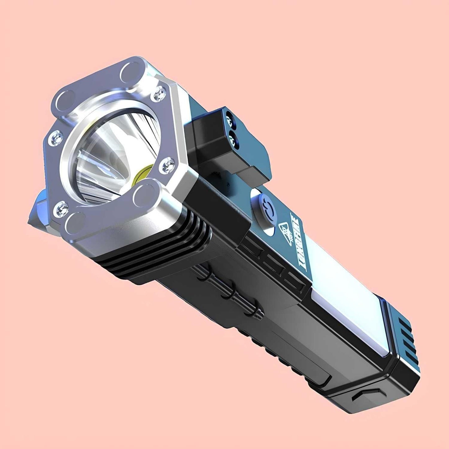 4-in-1 Emergency Rechargeable LED Torch | Long-Range Flashlight, Power Bank, Safety Hammer & Magnet Grip for Car, Travel & Home Use