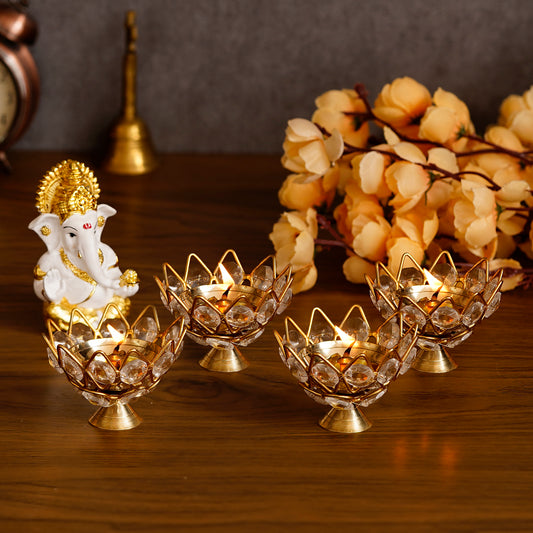 Lotus Crystal Tea Light Holders – Elegant Decorative Candle Holders for Festivals & Home Décor (Set Of 4)