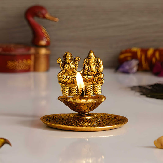 Goddess Laxmi & Lord Ganesha Golden Metal Diya – Auspicious Pooja & Festive Décor