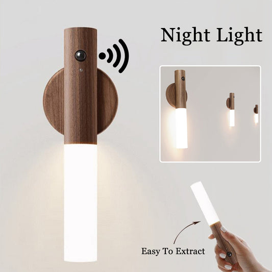 Magnetic Wooden Motion Sensor Night Light – Elegant USB Wall Lamp for Cabinets, Corridors, and More