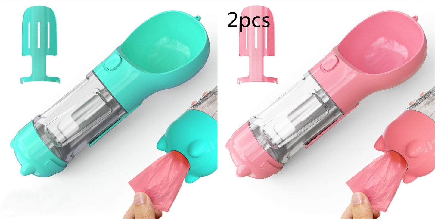 3-in-1 Portable Pet Water Bottle – Feeder Bowl & Waste Bag Storage for Outdoor Travel