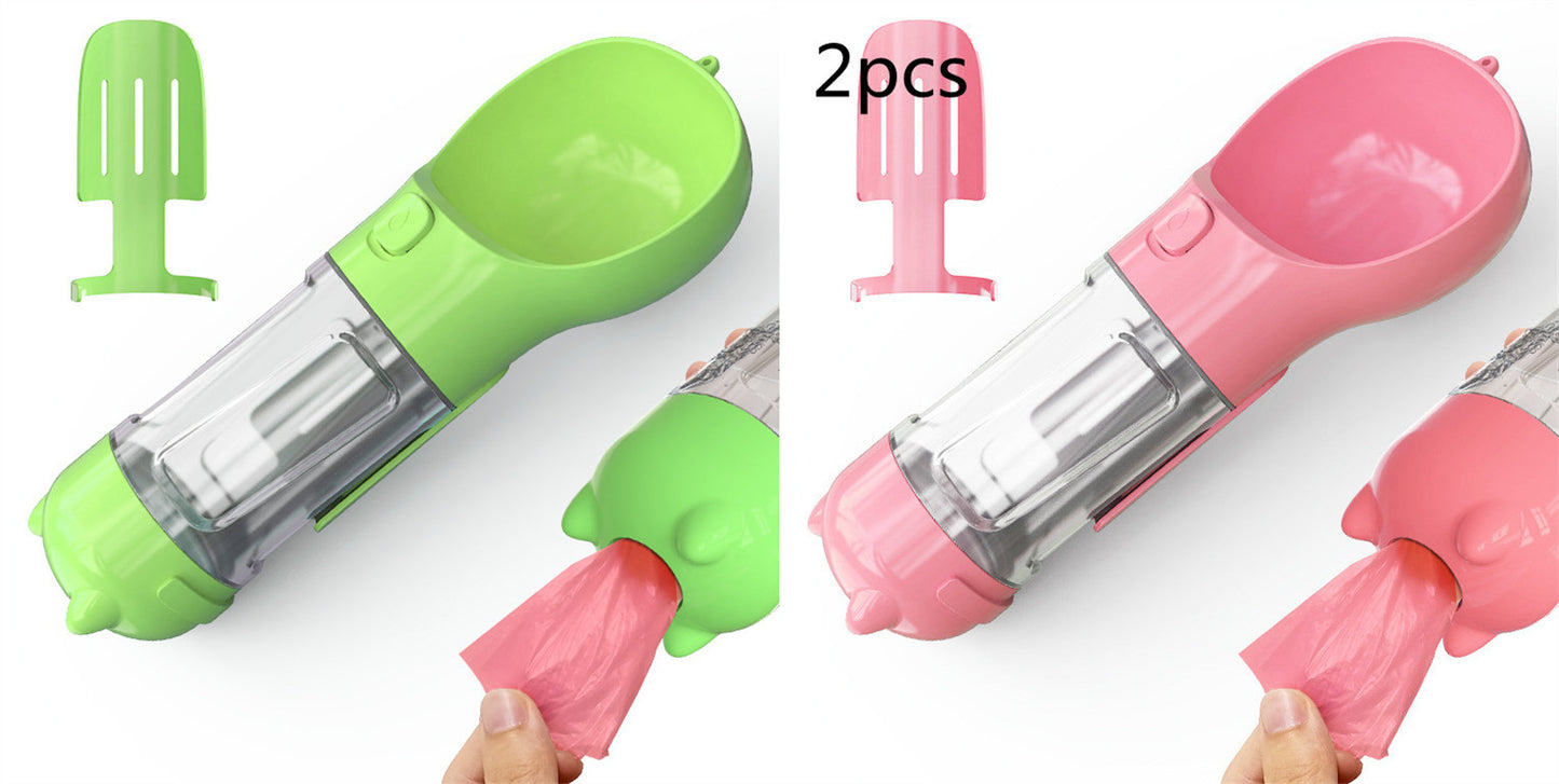 3-in-1 Portable Pet Water Bottle – Feeder Bowl & Waste Bag Storage for Outdoor Travel