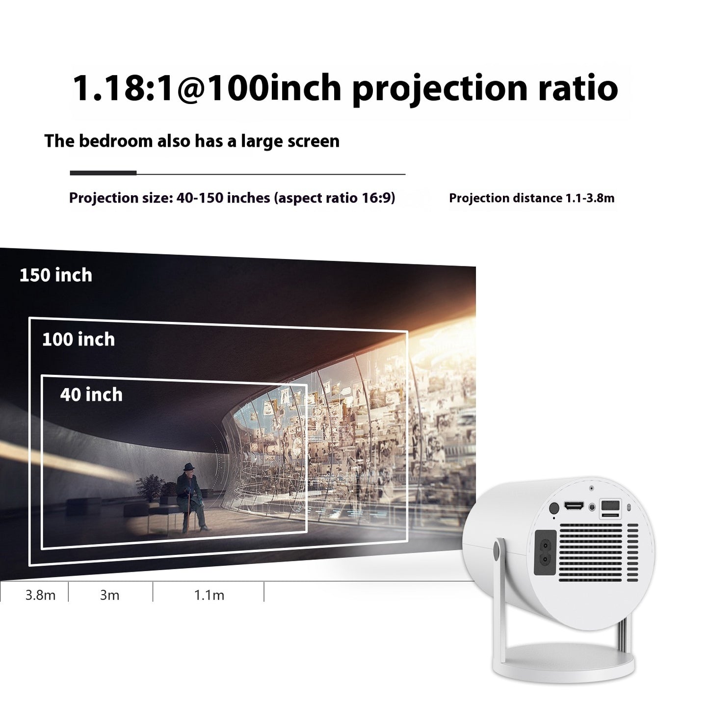 Compact Portable Projector – 180° Wide-Angle Auto-Focus Home Theater Cinema